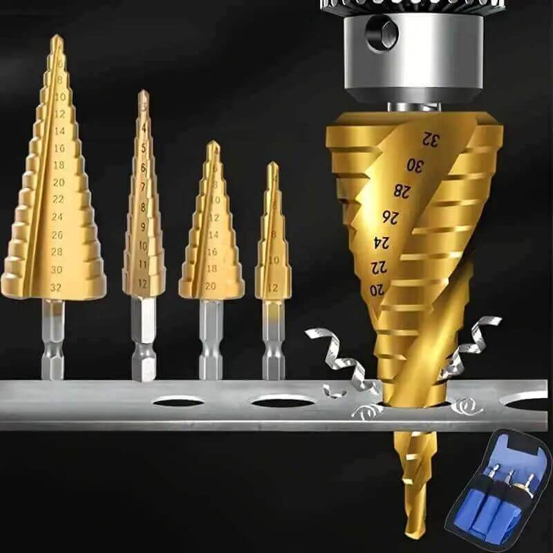 Step drill bit set with multiple sizes for precision drilling, ideal for various business and industrial applications.