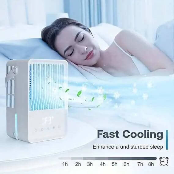 Woman sleeping peacefully next to a fast cooling air conditioner for improved sleep quality.