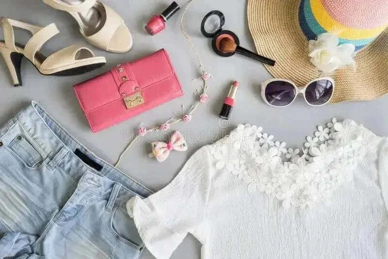 Stylish clothing and accessories including shoes, shorts, handbag, hat, and makeup for summer fashion from pkamazone.