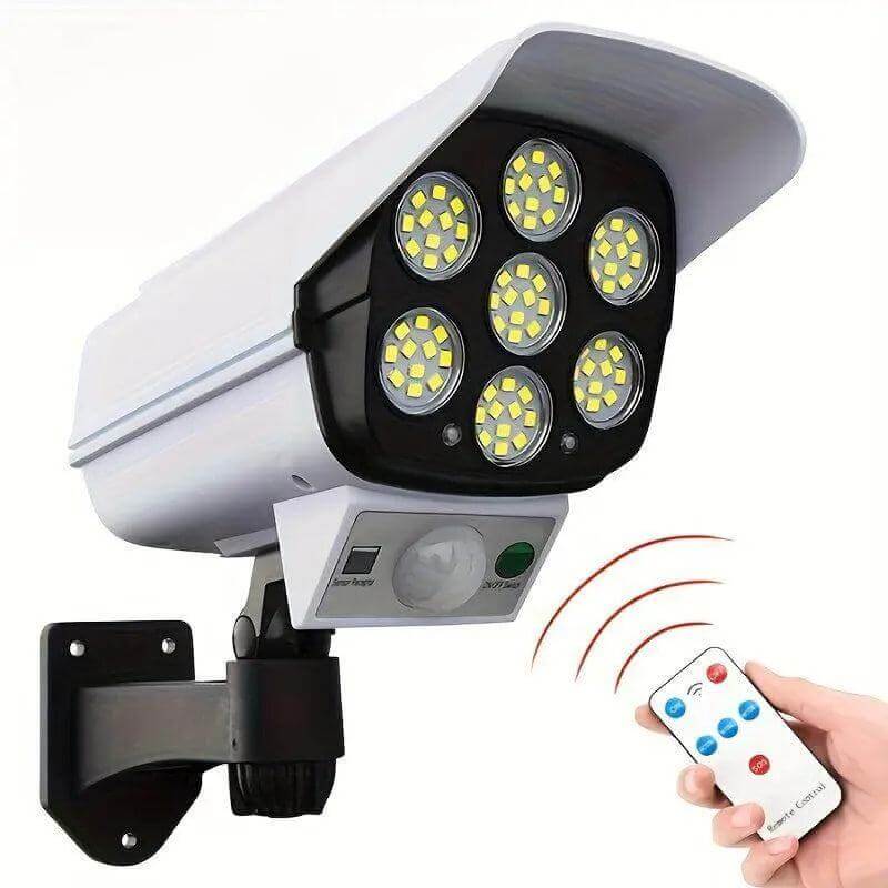 Outdoor security camera with motion sensors and remote control features for enhanced protection.