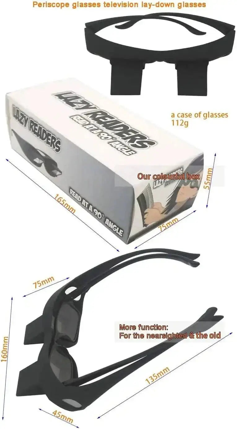 Lazy Prism Glasses with black reinforced polyamide frame, featuring a 90º angled mineral lens, ideal for lying down activities.