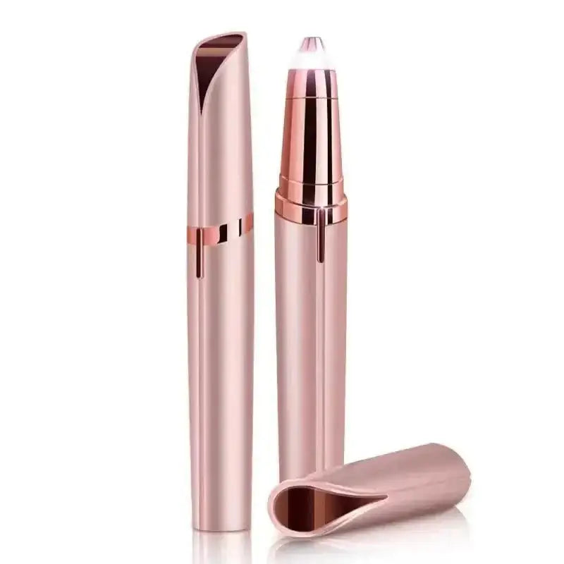 Rechargeable eyebrow hair remover with rose gold finish and LED light.