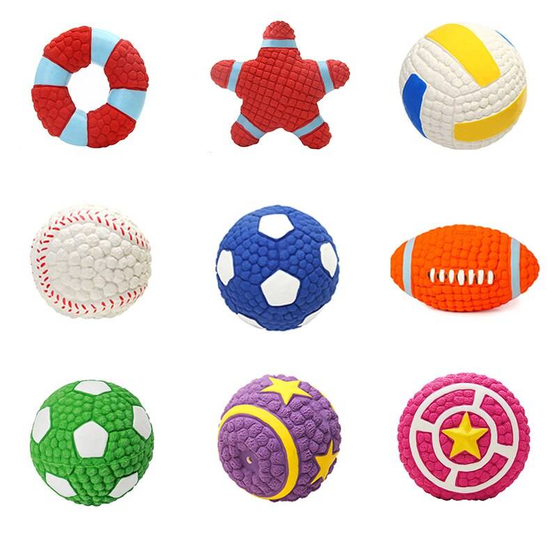 Variety of colorful squeaky dog toys in fun shapes and sizes for engaging play.