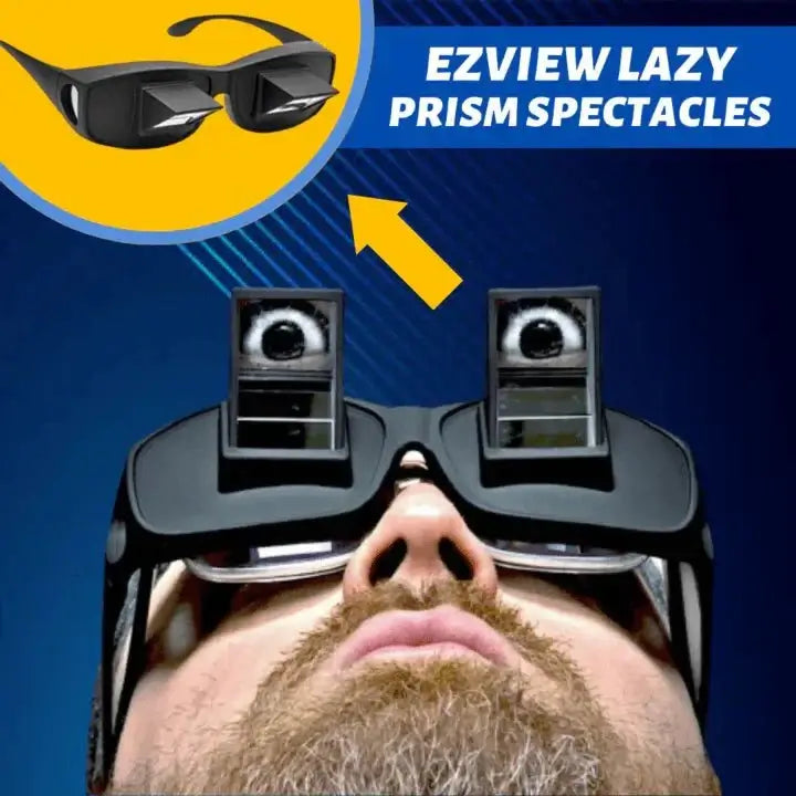 Lazy Prism Glasses showcasing 90º angled lens for relaxation, compatible with prescription glasses.