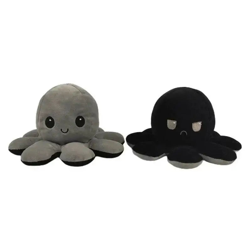Double sided flip octopus plush toy with cute and angry expressions, soft and huggable stuffed animal for kids.