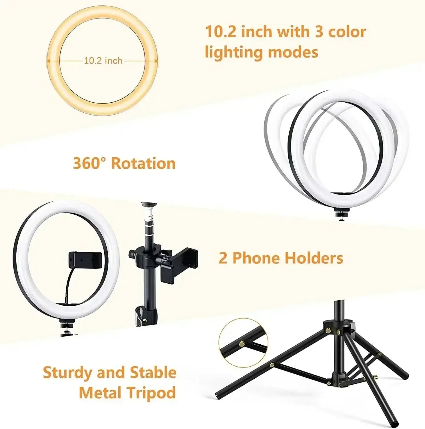 Dimmable LED technology ring light 10.2 inch with 3 color modes, 360-degree rotation, 2 phone holders, and sturdy metal tripod stand