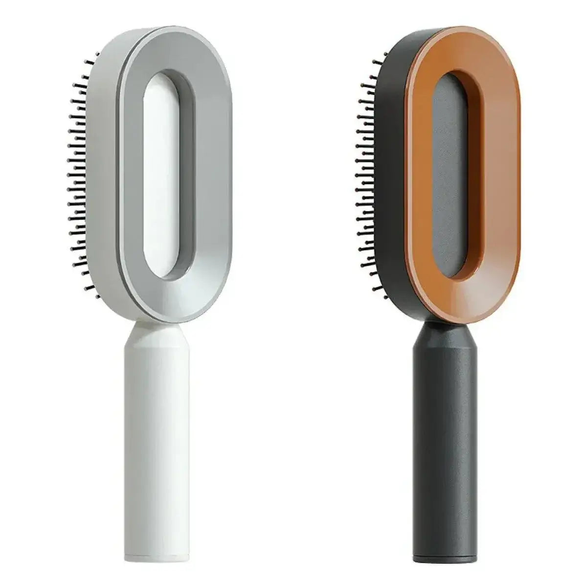 Two self-cleaning hair brushes with airbag massage scalp combs, one in white and gray and the other in black and brown, featuring oval bases and ergonomic handles.