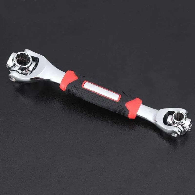 Universal wrench with a red and black handle, designed for various repair tasks.