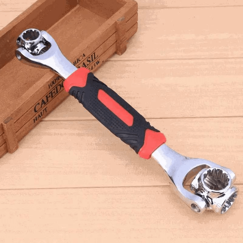 Universal wrench with black and red handle for versatile repair tasks.