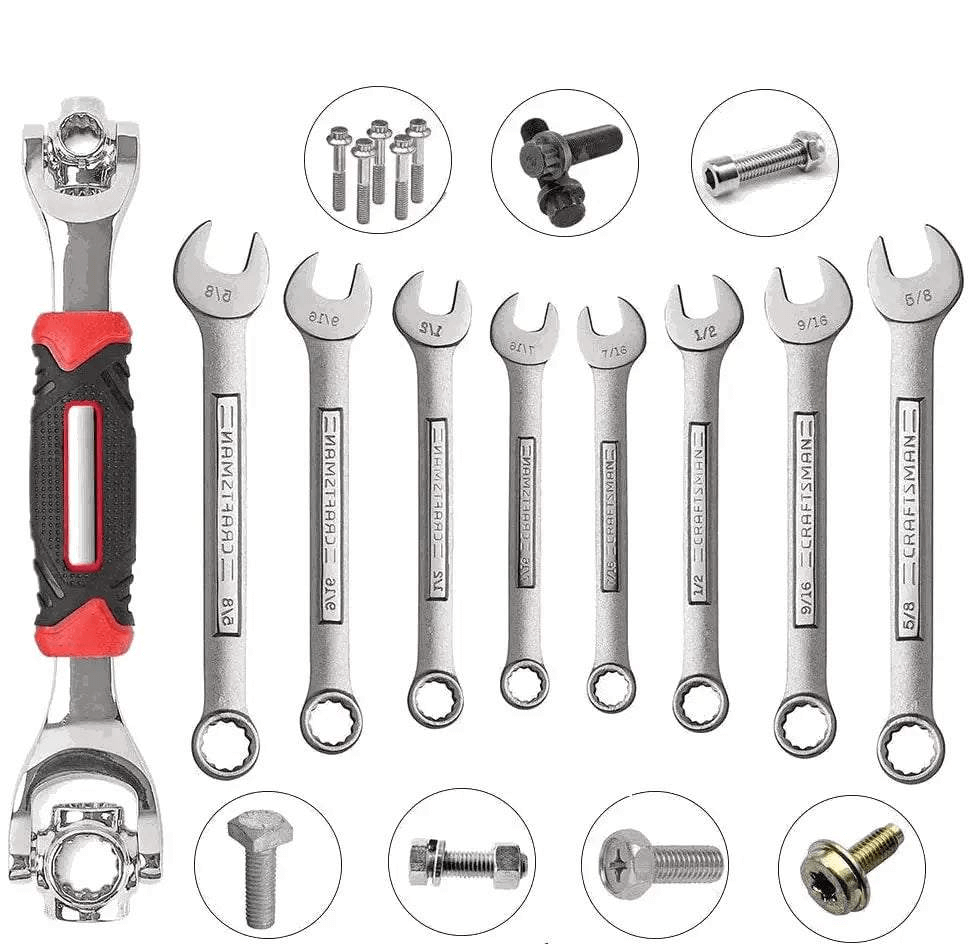 Universal wrench with multiple socket heads and bolts for diverse repair tasks.