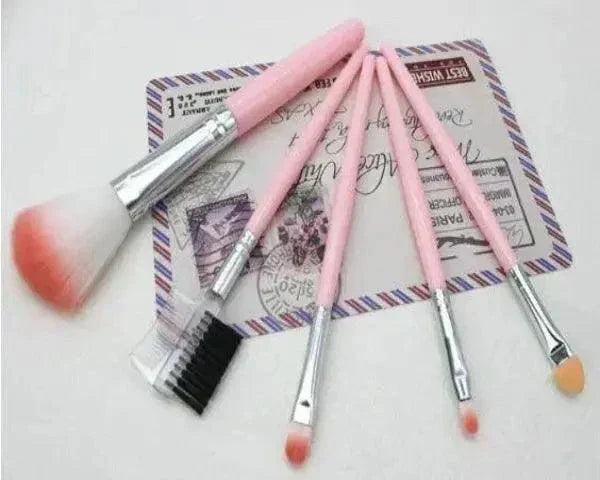 5 piece makeup brush set with pink handles and white bristles for portable beauty application.
