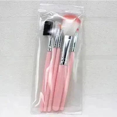 5 piece makeup brush set in pink with clear pouch, ideal for portability and convenience.