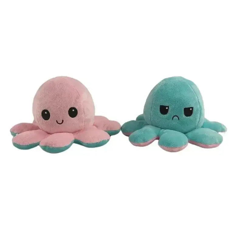 Double sided flip octopus plush toy with happy and angry faces, soft and huggable kids' stuffed animal.