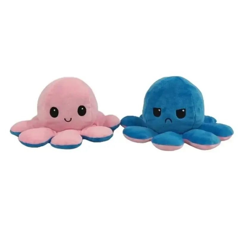 Double sided flip octopus plush toy with happy and angry expressions, soft and huggable stuffed animal for kids.