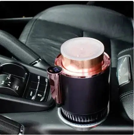 2-in-1 Smart Car Cup Warmer in car console, with digital temperature display and sleek design.