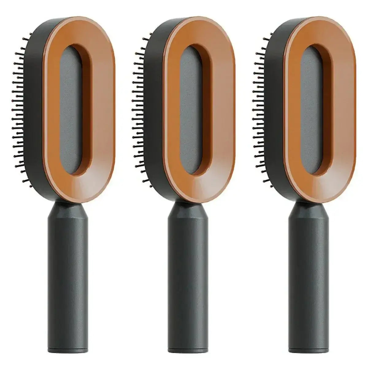 Three black and brown self-cleaning hair brushes with airbag massage scalp comb and oval base design.