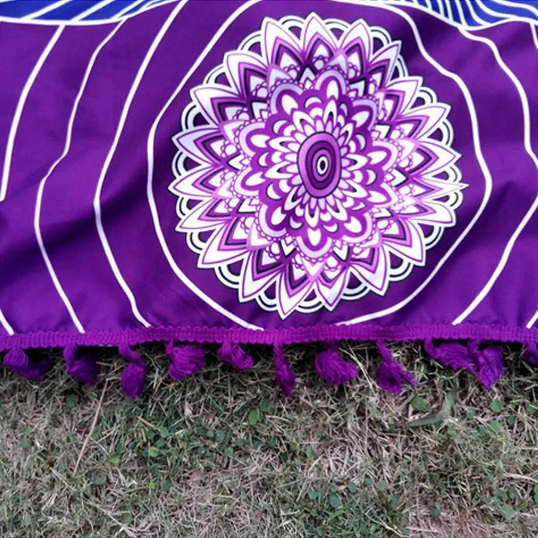 Polyester Bohemian Beach Yoga Mat with vibrant mandala design on grass.