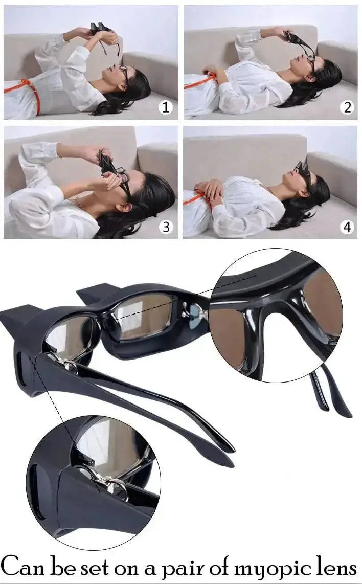 Lazy Prism Glasses for comfortable viewing while lying down, compatible with prescription glasses, featuring anti-reflective mineral lenses and reinforced polyamide body.