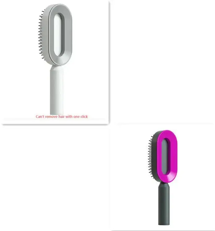 Self-cleaning hair brush with airbag massage scalp comb in white and purple colors, featuring ergonomic handle and wide comb teeth.