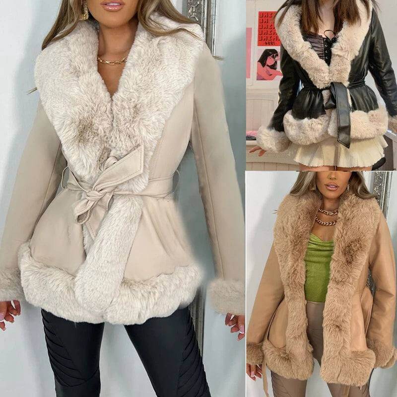 Stylish Autumn/Winter PU Leather Coat featuring a luxurious fur collar, showcasing three color variations and modern design.