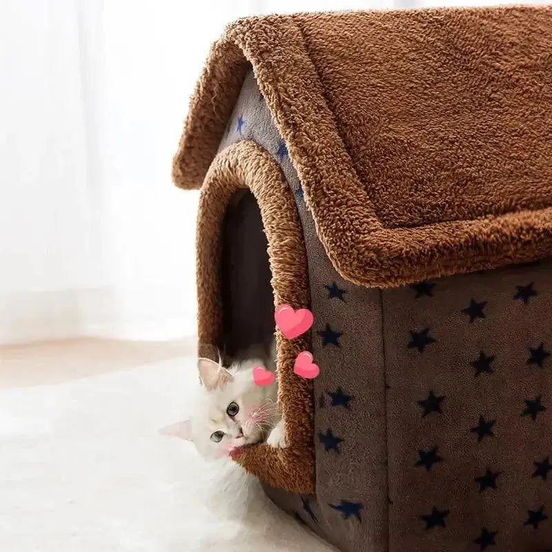 Soft winter dog cat bed house with fluffy cushion and enclosed warm space, ideal for small pets during cold months.