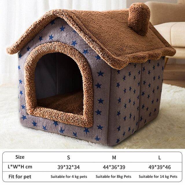 Soft Winter Dog Cat Bed House with star pattern, fluffy entrance, and chimney detail, ideal for pet warmth and comfort.