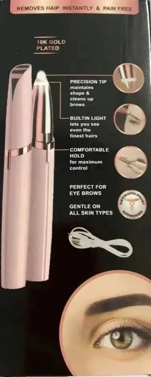 Rechargeable eyebrow hair remover with precision tip and built-in LED light.