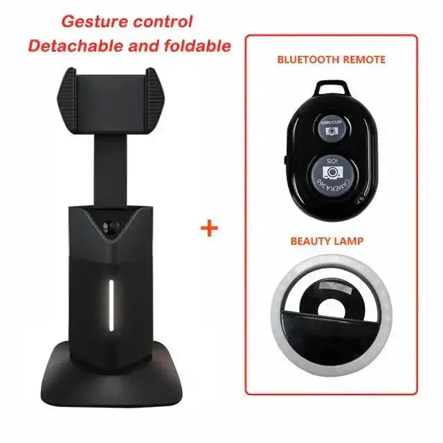 Auto face tracking selfie stick with detachable phone holder, Bluetooth remote, and portable beauty lamp for hands-free and clear selfies.