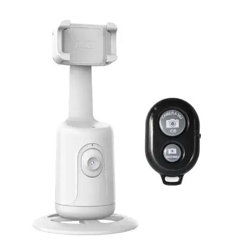 White auto face tracking phone selfie stick with Bluetooth remote control for hands-free photos and videos.