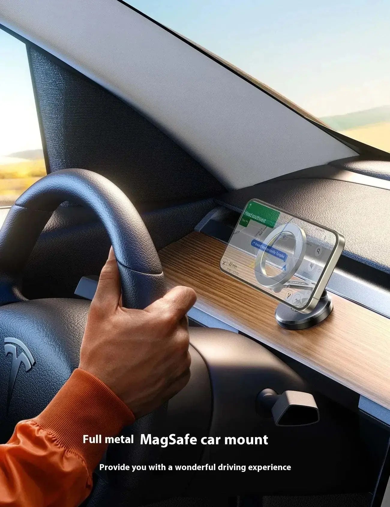 MagSafe car mount attached to dashboard, securely holding an iPhone for easy navigation and hands-free use.