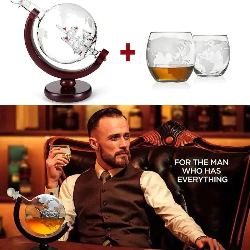 Whiskey Decanter Globe Wine Aerator Glass Set on wooden stand with sailboat motifs, including two glasses.
