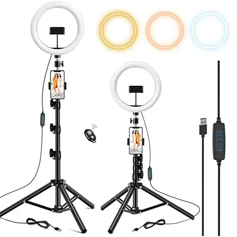 Dimmable LED technology ring light 10.2 inch with adjustable tripod, phone holders, USB power cable, and remote control for photography and makeup.