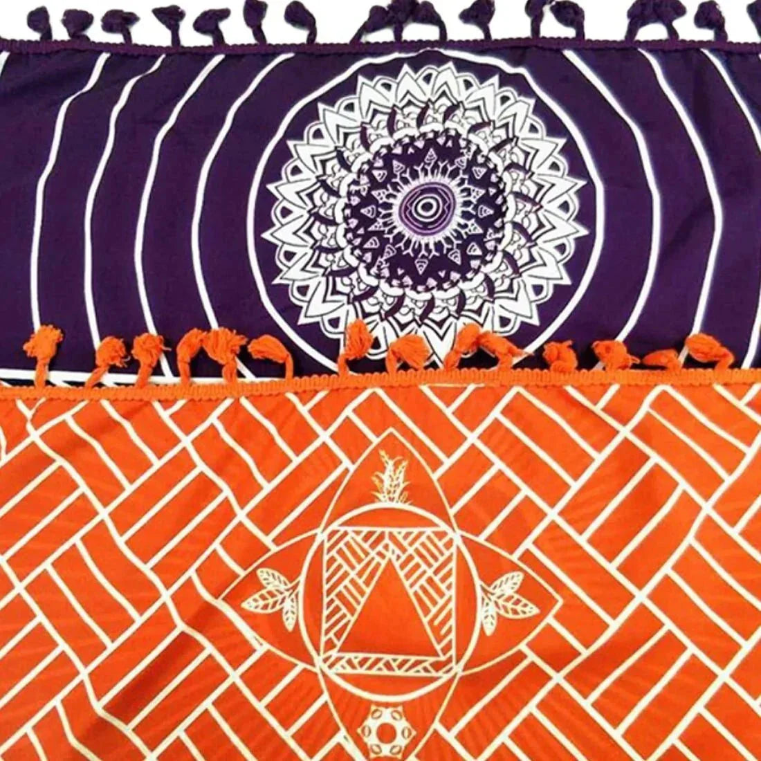 Polyester Bohemian Beach Yoga Mat with vibrant patterns and tassel trim, perfect for yoga, beach, or home décor.