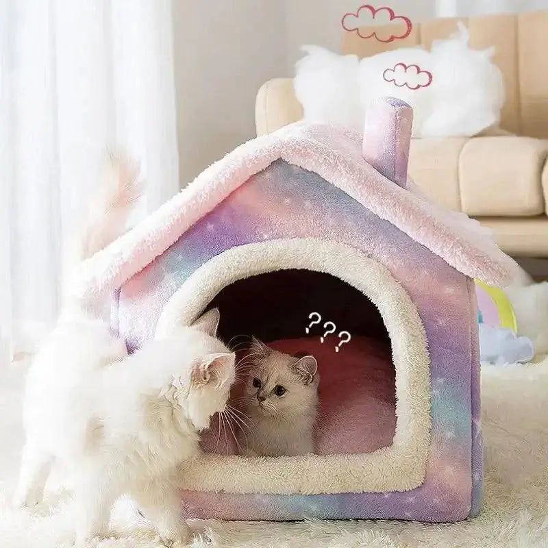 Soft Winter Dog Cat Bed House with plush interior, featuring a fluffy cushion, ideal for warmth and comfort for pets during colder months.
