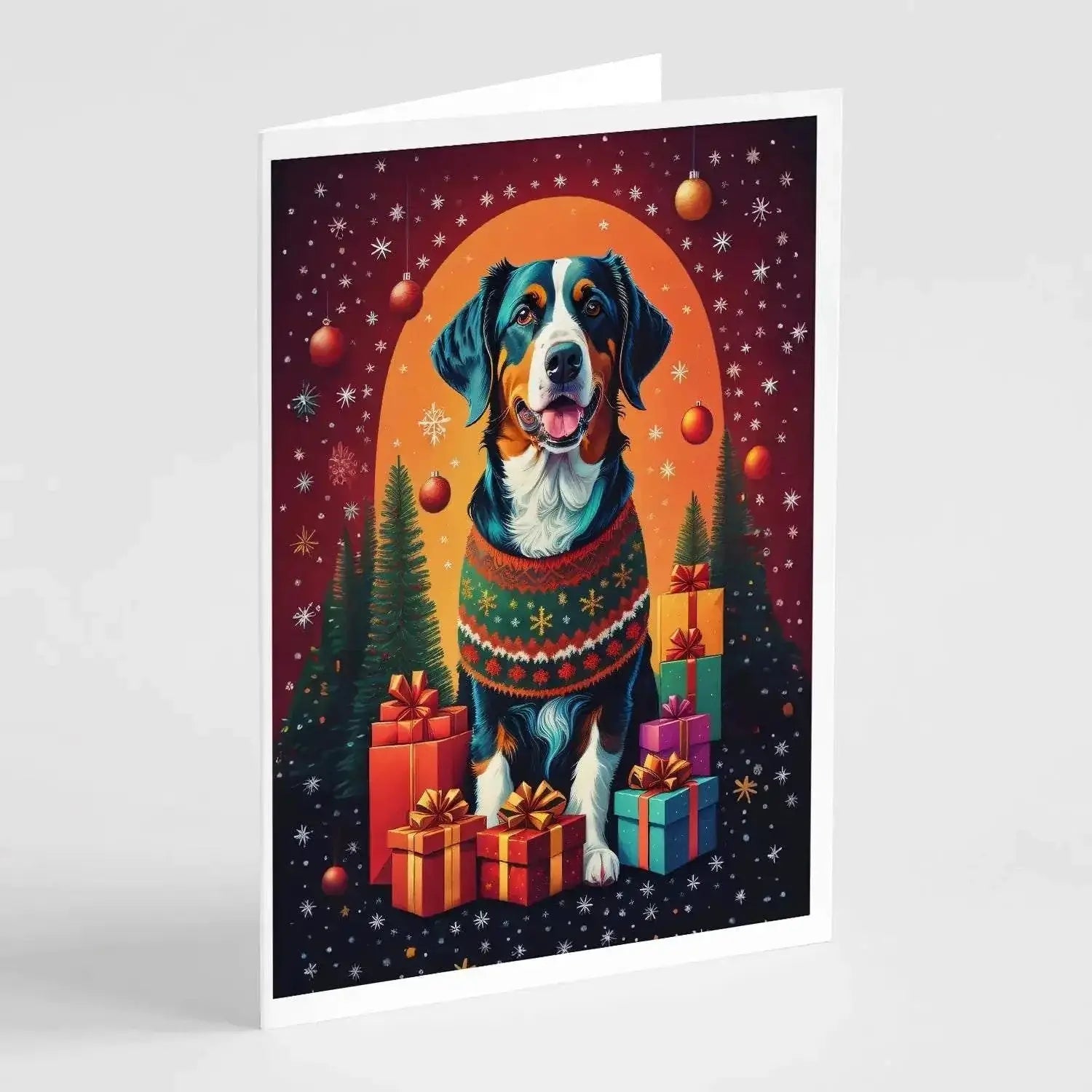 Appenzeller Sennenhund Christmas greeting card with festive artwork and gifts.