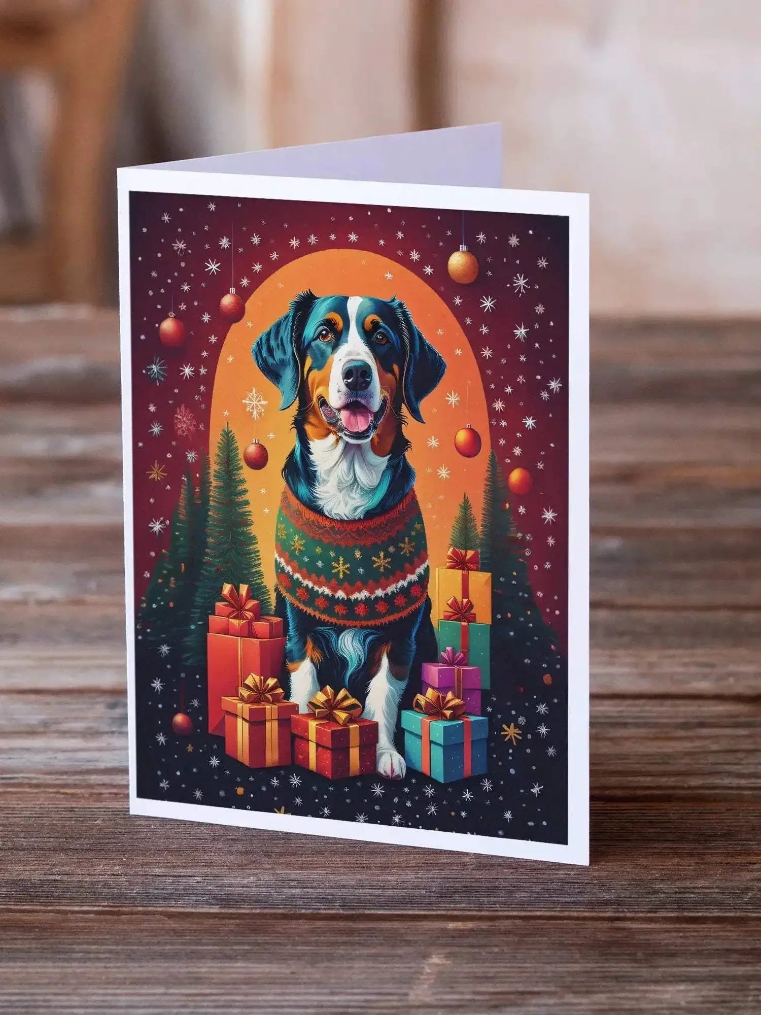 Appenzeller Sennenhund holiday Christmas greeting card with festive artwork, pack of 8.