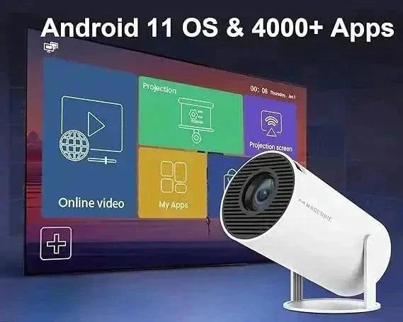 Mini portable projector with Android 11, displaying various app options for home entertainment.