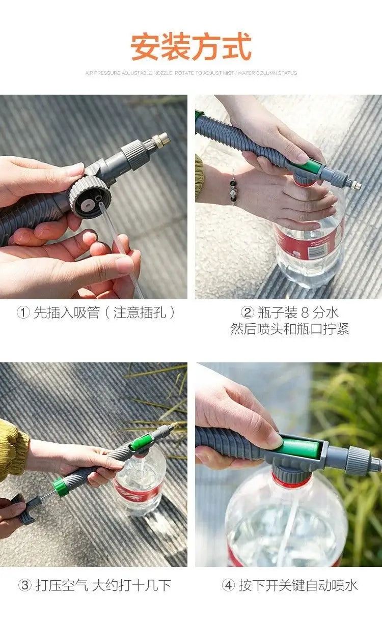 Step-by-step guide for installing a Beverage Bottle Sprayer for watering plants and disinfecting.