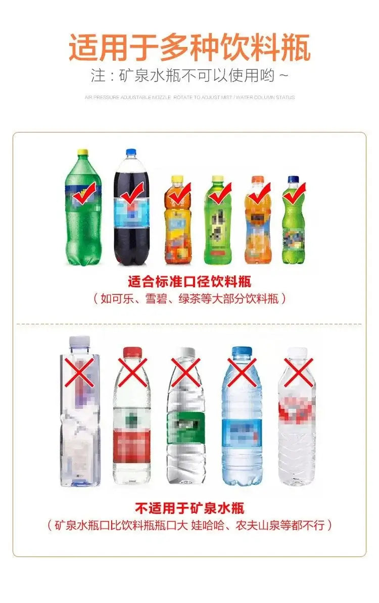Image showing various beverage bottles suitable and not suitable for use with a sprayer, with check marks and crosses.