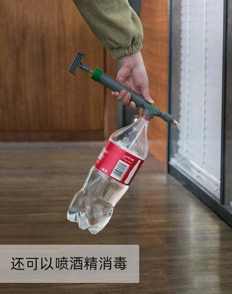 Beverage Bottle Sprayer attached to a plastic bottle, showcasing its versatility for disinfection and watering tasks.