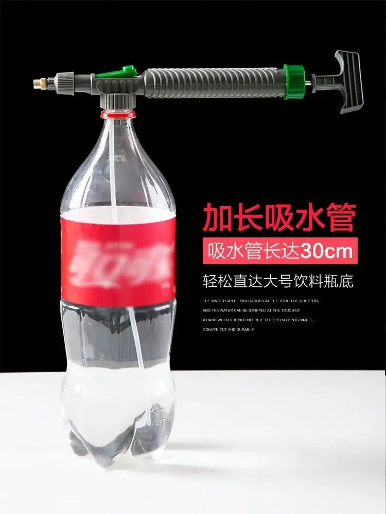 Beverage Bottle Sprayer with a long nozzle for multi-functional use in gardening and cleaning.