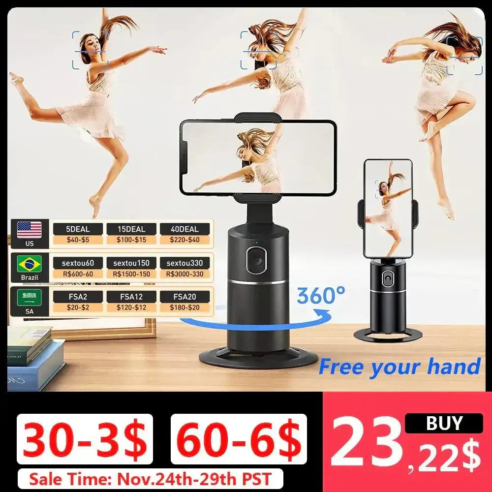 Auto face tracking phone selfie stick with 360-degree rotation for hands-free, clear, and perfectly framed selfies.