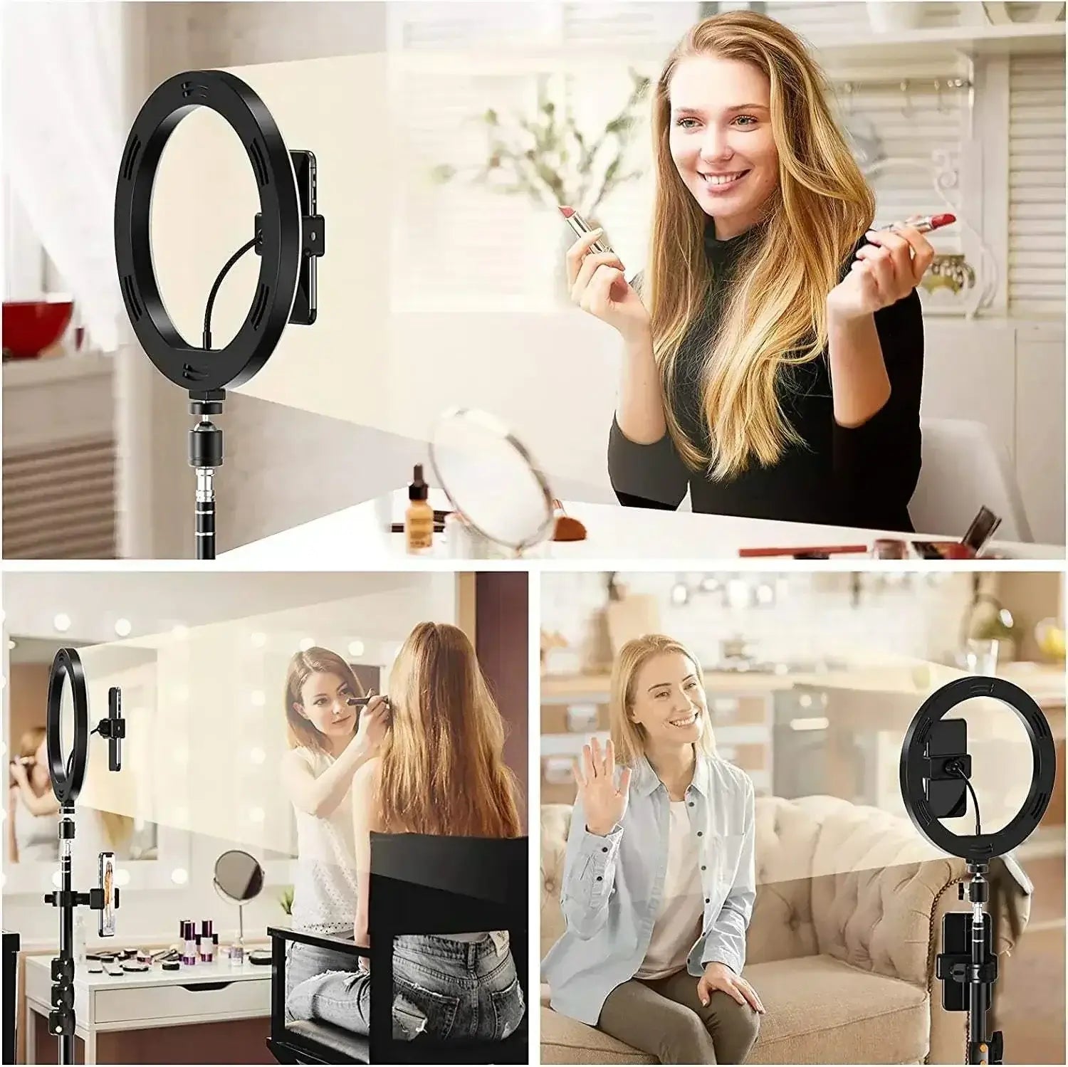 Dimmable LED technology ring light with adjustable tripod and dual phone holders for makeup and video calls