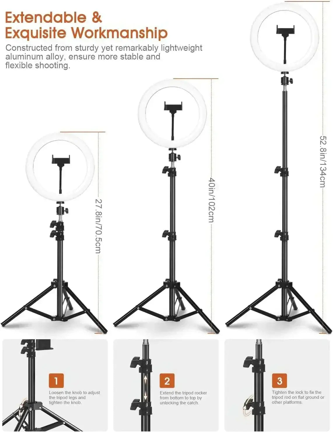 Dimmable LED technology ring light 10.2 inch with adjustable tripod stand and dual phone holders for versatile lighting and photography setup