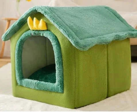 Soft winter dog cat bed house with plush cushion and enclosed design for warmth and comfort in green.