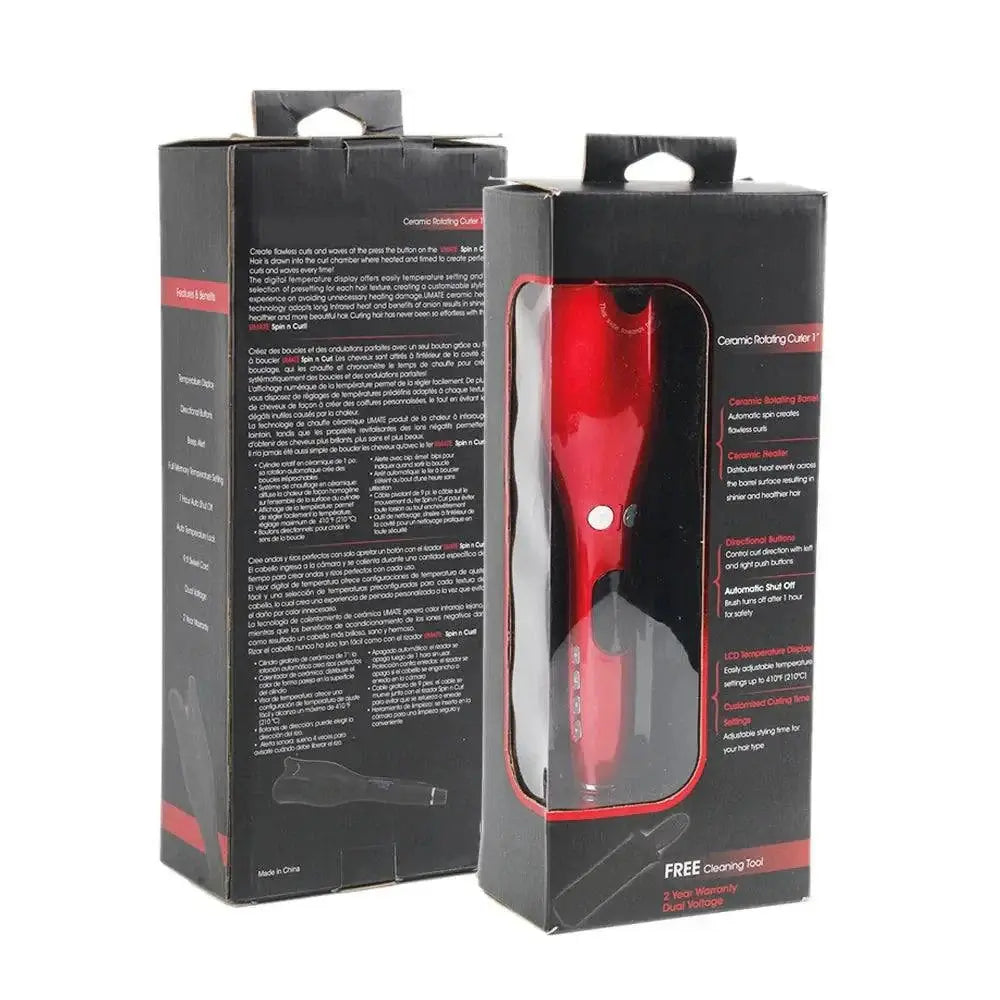 PowerCurl® Automatic Rotating Curling Iron packaging showcasing features and design, perfect for effortless curls.