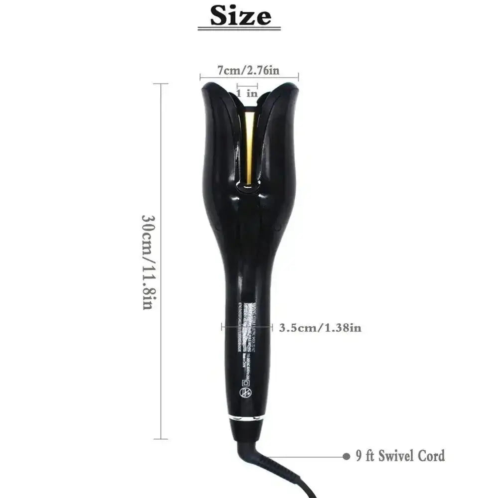 PowerCurl® Automatic Rotating Curling Iron size dimensions display with 9 ft swivel cord for easy styling.
