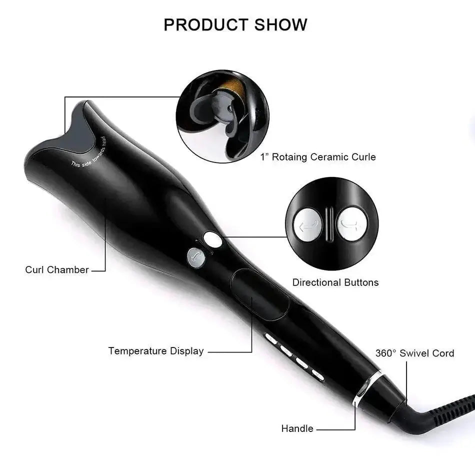 PowerCurl® Automatic Rotating Curling Iron features: 1" ceramic curl chamber, temperature display, directional buttons, and swivel cord.