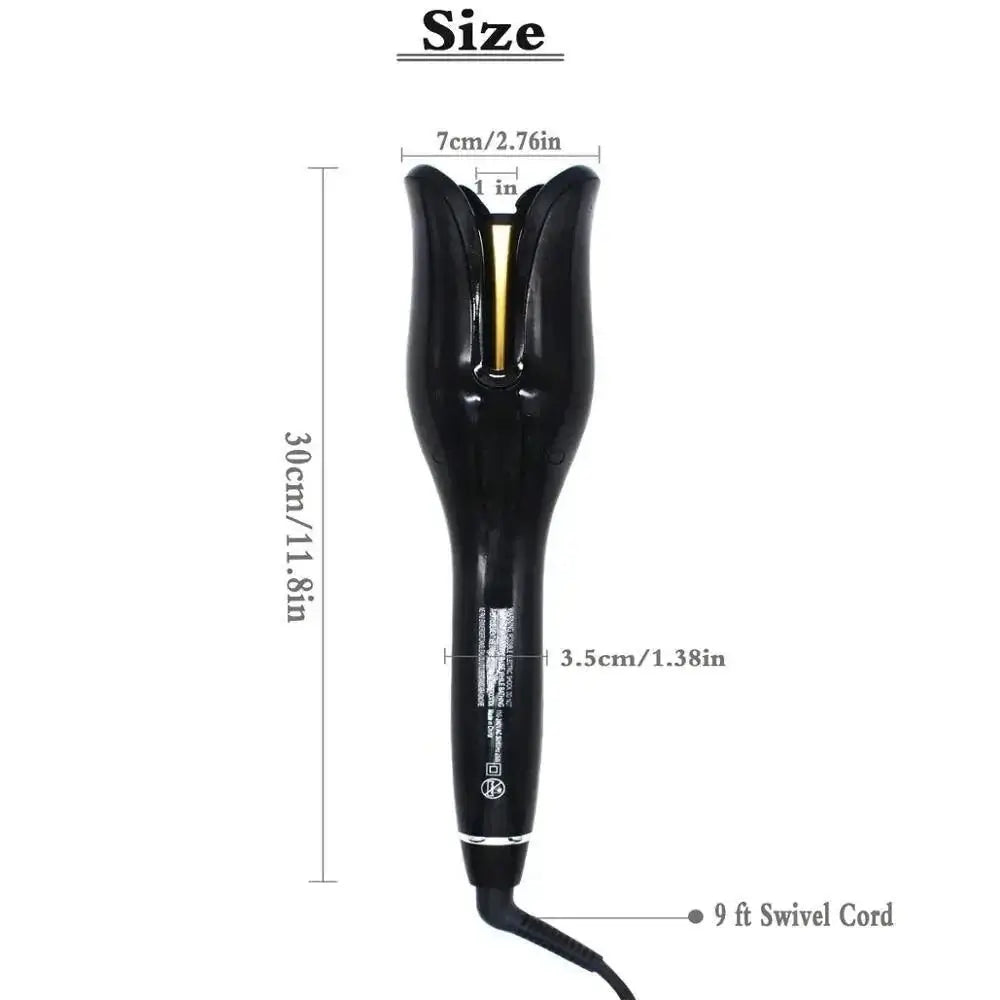 PowerCurl® automatic curling iron showing size dimensions and features, perfect for creating flawless curls.