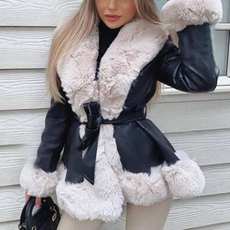 Autumn/Winter PU Leather Coat with large fur collar, lace-up waist, and spliced design, perfect for cooler seasons.